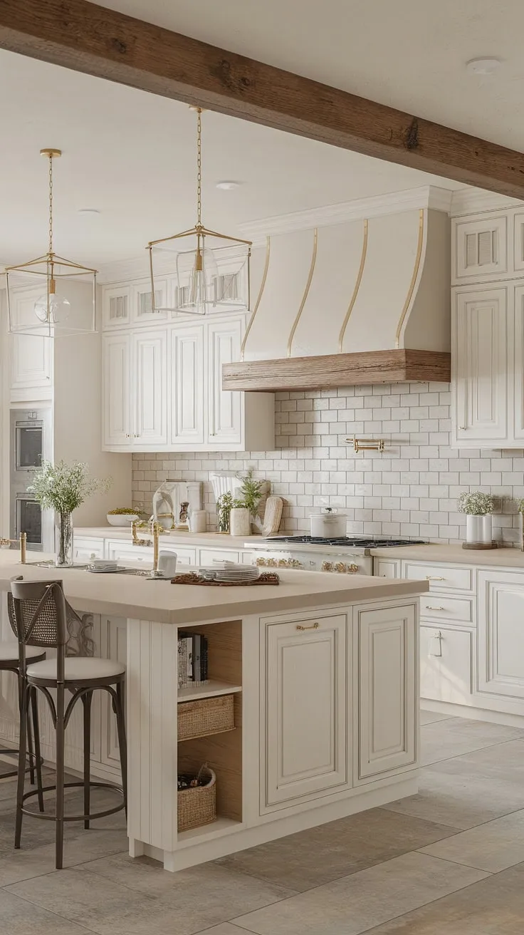 This modern farmhouse kitchen seamlessly blends classic elegance with rustic charm. The neutral palette, accented with warm wood tones and gleaming gold fixtures, creates a sophisticated yet inviting space. A timeless design, perfect for everyday living and special occasions.