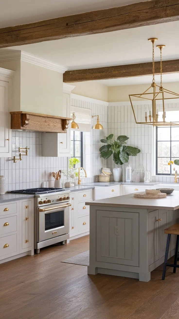 This kitchen seamlessly blends classic modern design with a touch of country charm. The grey island, white cabinetry, and beige backsplash create a calming atmosphere, while the gold hardware and wooden beam add warmth and character. A space designed for both style and comfort.