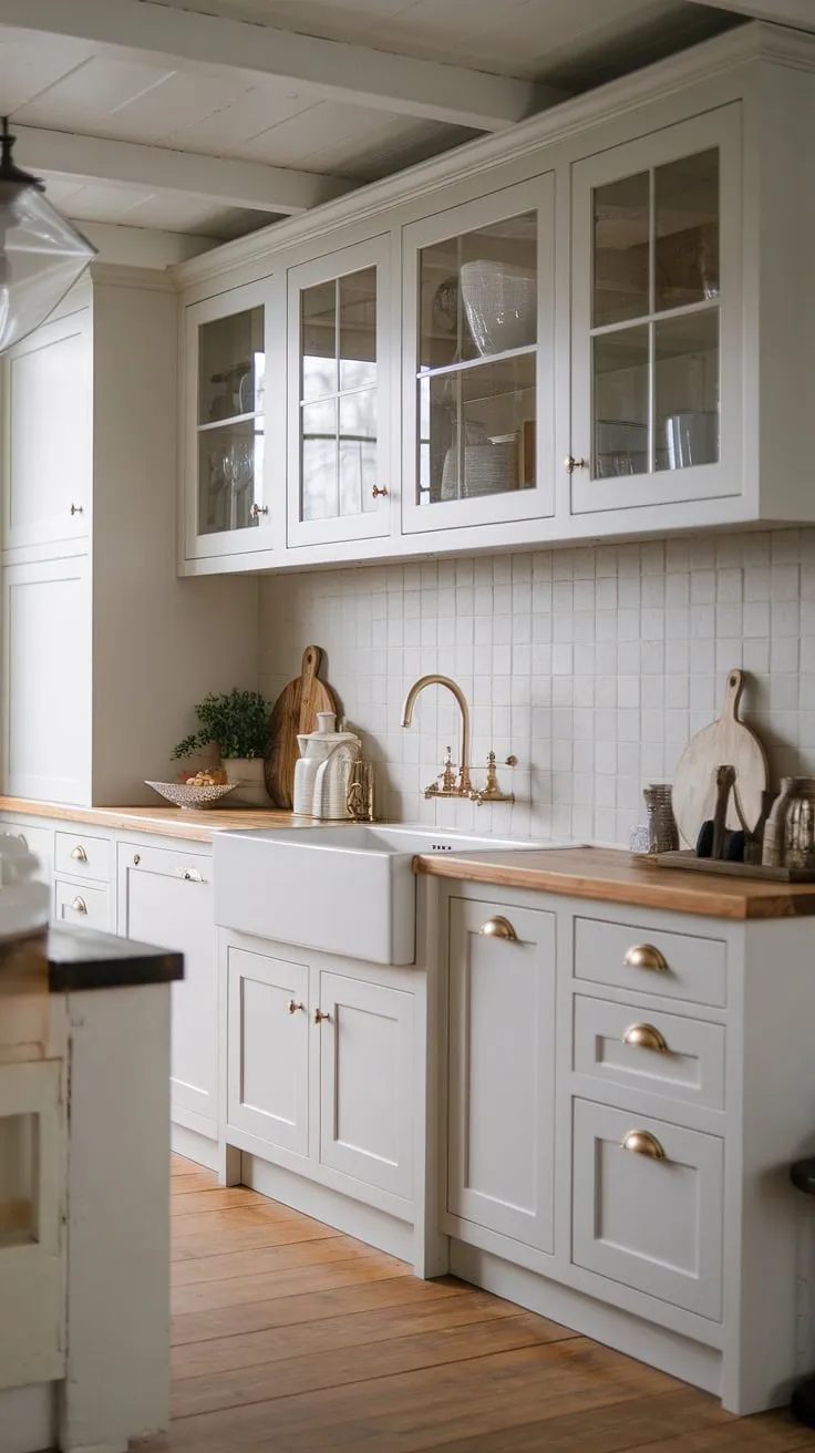 Warmth and sophistication blend seamlessly in this modern farmhouse kitchen. The grey backsplash complements the white cabinetry and rich wood countertops, while the gold accents add a touch of elegance. A perfect example of classic modern design.