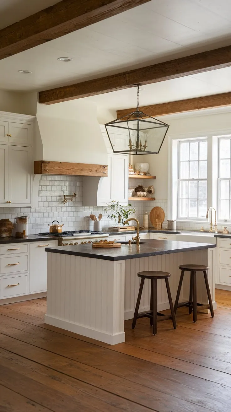 This modern farmhouse kitchen seamlessly blends classic charm with contemporary style. The neutral palette, accented by the warm wood tones and gleaming gold faucet, creates a space that's both inviting and sophisticated. A perfect example of understated elegance.