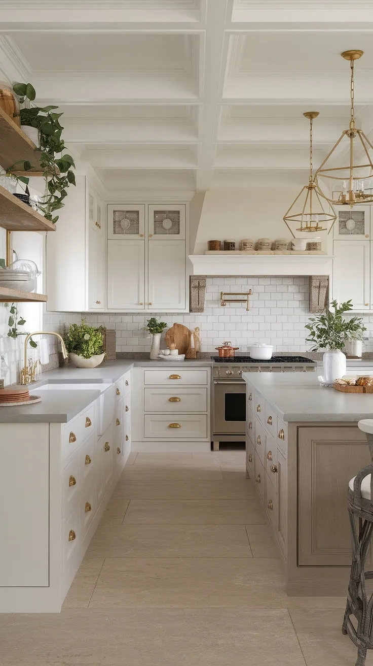 Where modern meets farmhouse charm. The timeless elegance of this kitchen, with its neutral palette, gold accents, and carefully curated wooden elements, creates a space that's both sophisticated and inviting. A perfect blend of classic and contemporary design.