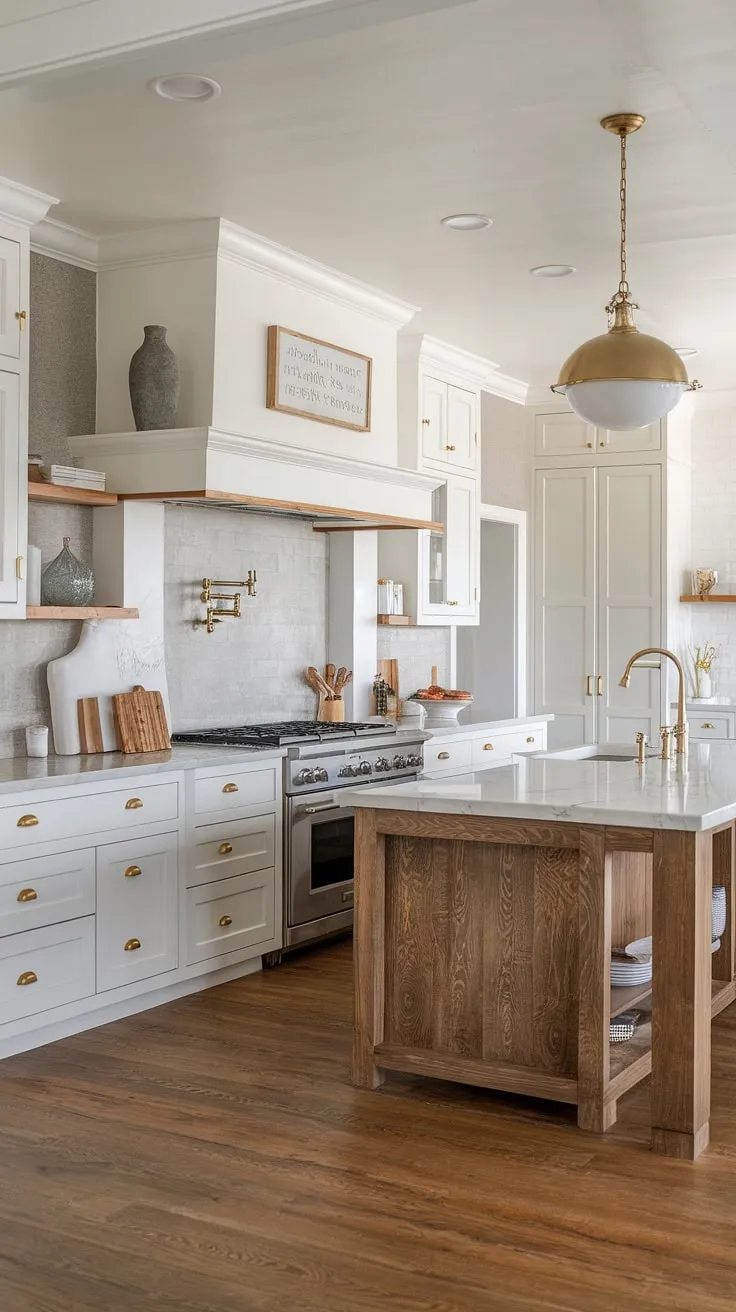 This modern farmhouse kitchen seamlessly blends classic charm with contemporary style. The neutral palette, highlighted by the grey backsplash and gold accents, creates a sophisticated and inviting atmosphere. A stunning marble countertop on the wooden island, illuminated by a chic pendant light, is the perfect centerpiece. A truly timeless design.