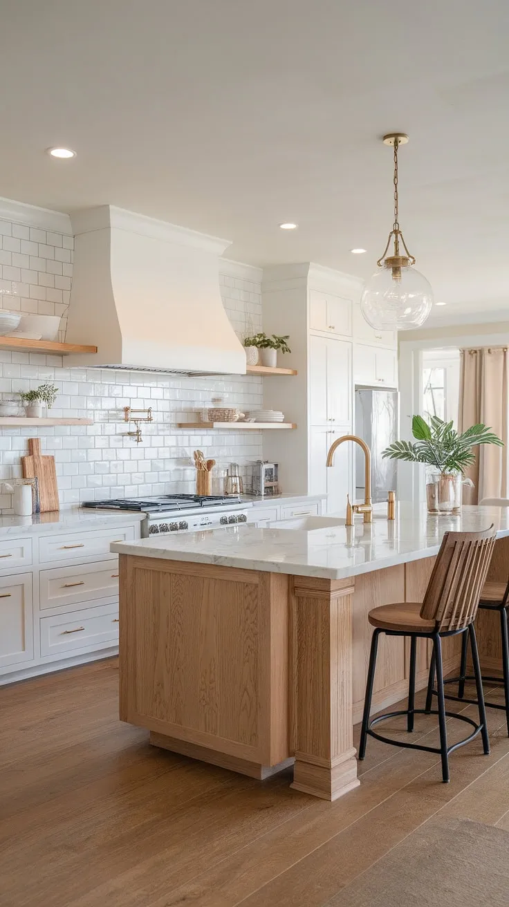 The heart of the home: a stunning kitchen design where clean lines meet rustic charm. The combination of white cabinetry, wood accents, and a statement marble island with a gold faucet is simply breathtaking. A true testament to timeless style.
