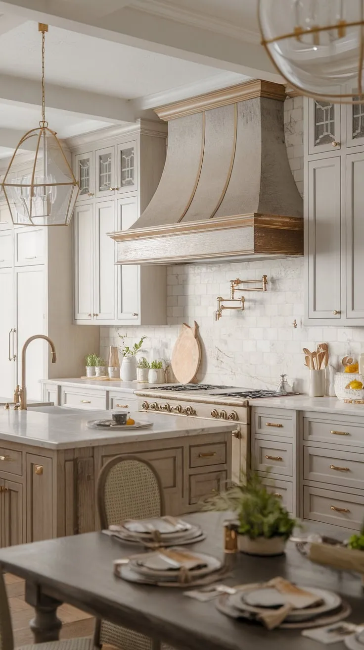 A symphony of textures and tones. This modern farmhouse kitchen effortlessly combines the clean lines of a contemporary design with the warmth of rustic elements. The neutral color scheme, featuring white, beige, and gray, is beautifully complemented by the rich wood cabinetry and the cool elegance of the marble countertops. Gold fixtures add a touch of luxury, while the vintage range hood and rustic sink inject a charming country feel. A truly timeless and fancy space.