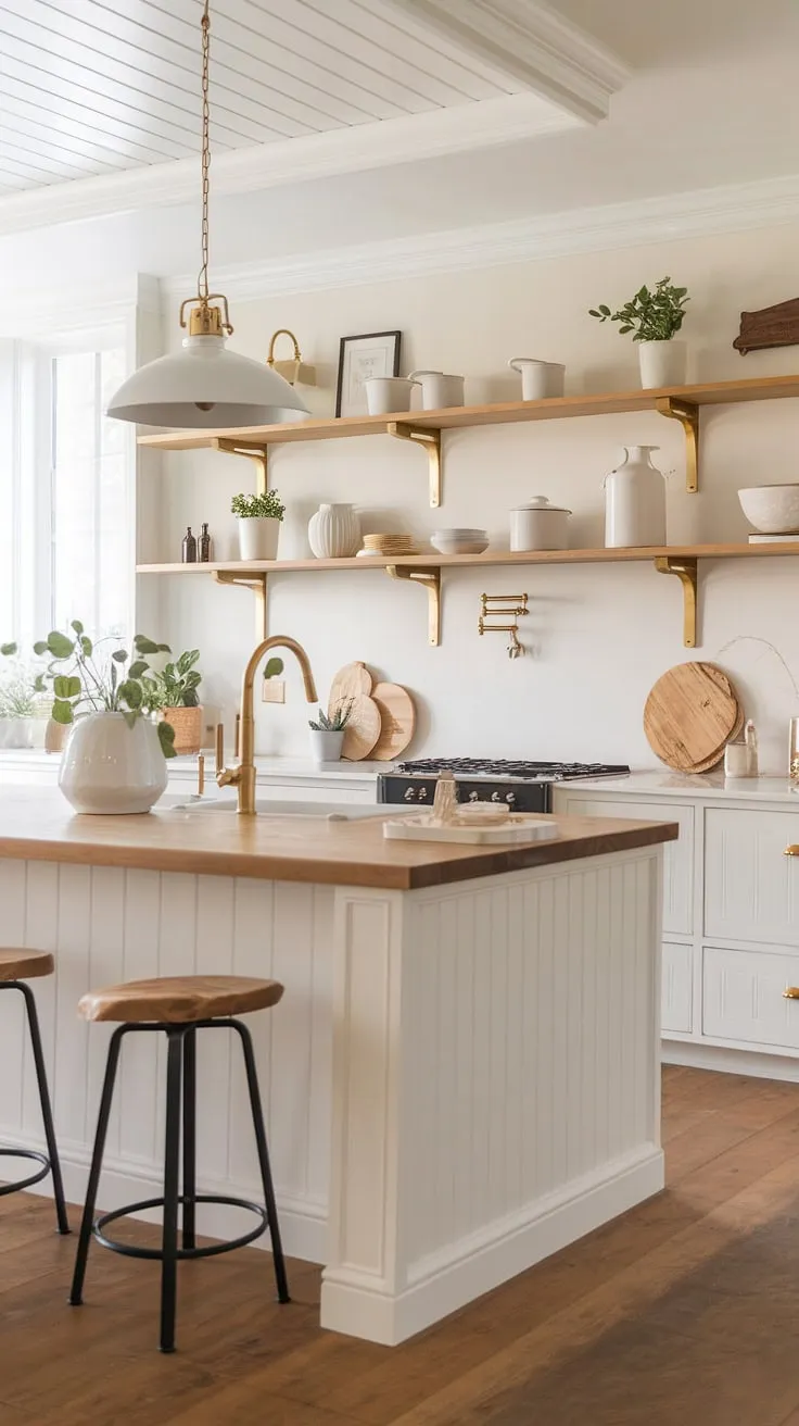 Warmth and sophistication meet in this modern farmhouse kitchen. The rich wood tones, accented by gleaming gold fixtures and crisp white cabinetry, create a space that's both inviting and effortlessly stylish. A central island, perfect for gathering, anchors the room, showcasing the seamless blend of classic and contemporary design.