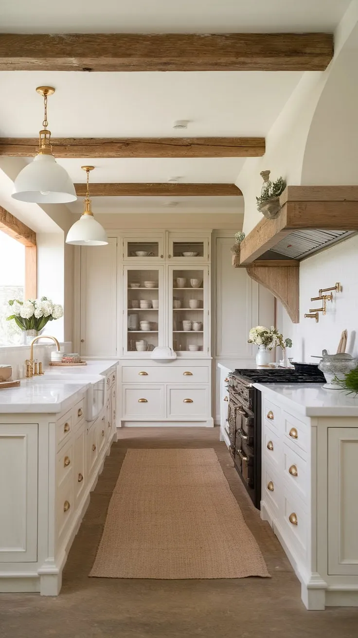 This kitchen effortlessly marries country charm with contemporary style. A neutral palette of whites, beiges, and warm wood tones is elevated by subtle gold accents, creating a space that's both functional and aesthetically pleasing. The vintage stove adds a touch of character, while the shaker cabinets and wooden beams maintain a sense of refined simplicity. A dream kitchen come to life.