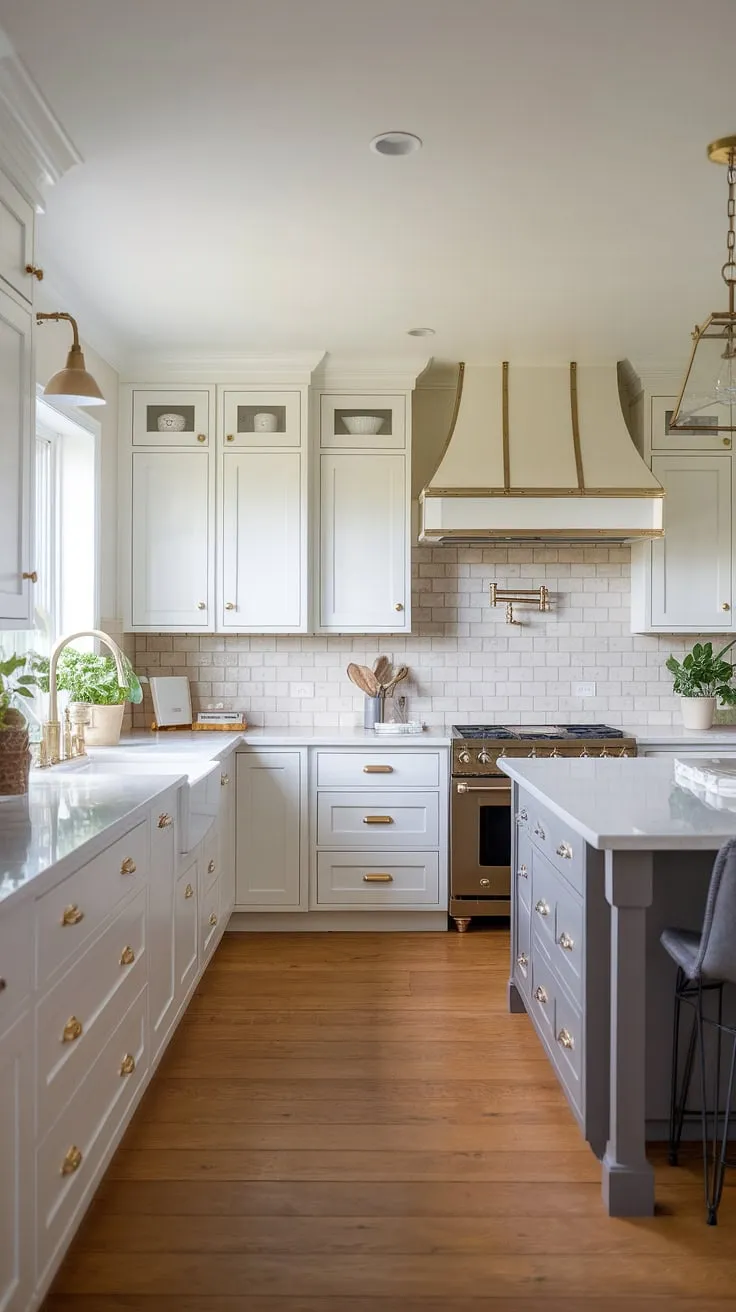 Modern farmhouse charm meets classic sophistication in this kitchen. The neutral palette, punctuated by gold accents and a gray island, creates a space that's both elegant and inviting. Potted plants add a touch of life, completing the serene atmosphere. A