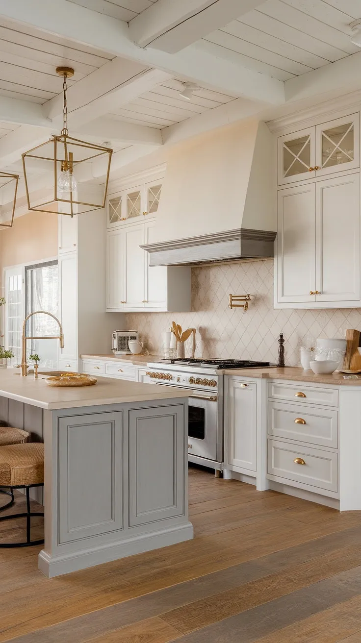 Where modern meets rustic charm. This kitchen seamlessly blends a neutral palette with warm, natural materials and subtle gold accents for a sophisticated yet inviting country aesthetic. The grey island provides a striking contrast against the white cabinetry, while the beige countertops and backsplash add a touch of understated elegance. A perfect blend of style and functionality.