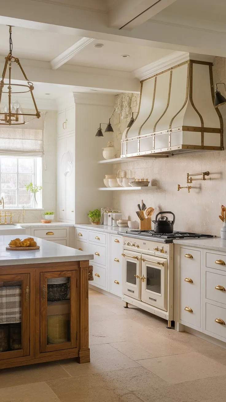 Where modern meets farmhouse charm. The creamy white cabinets, marble countertops, and warm wood island create a kitchen that's both stylish and inviting. Gold accents add a touch of elegance, perfectly complementing the beige backsplash and tiled floor. A space designed for both effortless cooking and cherished gatherings.