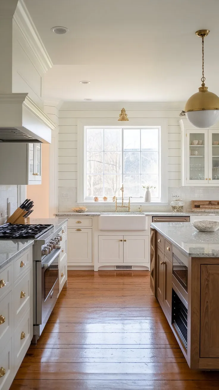 This classic modern farmhouse kitchen is a dream come true. The neutral color palette, punctuated by the gleaming granite and warm hardwood, creates a serene and sophisticated atmosphere. The large window floods the space with natural light, highlighting the beautiful details, from the farmhouse sink to the built-in oven. A perfect blend of form and function.