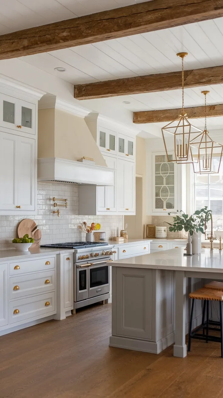 This kitchen effortlessly marries country charm with contemporary style. The grey island, white cabinetry, and beige backsplash create a calming atmosphere, while the wood beams and gold accents add a touch of rustic elegance. A truly timeless design.
