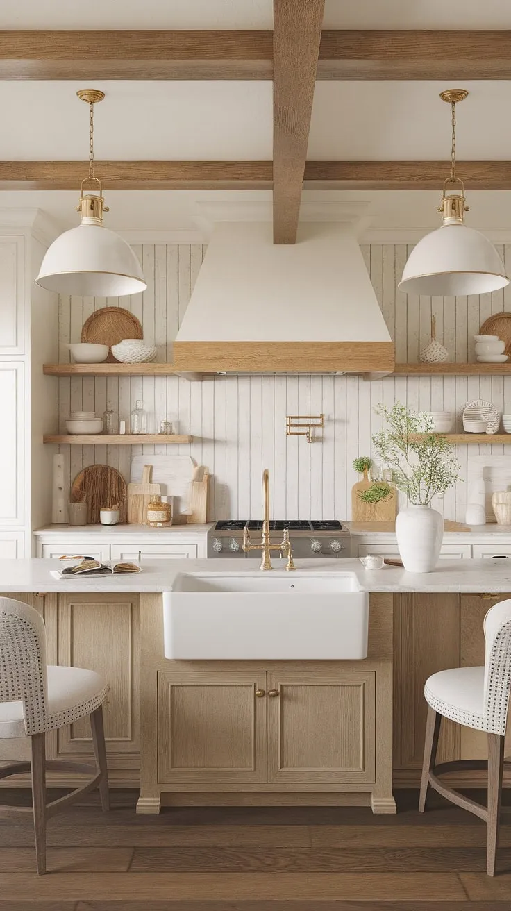 Where modern meets rustic charm. This kitchen's timeless design, featuring a farmhouse sink, exposed wood beams, and elegant gold accents, creates a space that's both inviting and sophisticated. The neutral palette and carefully chosen decorative items complete the look, resulting in a truly stunning and functional heart of the home.