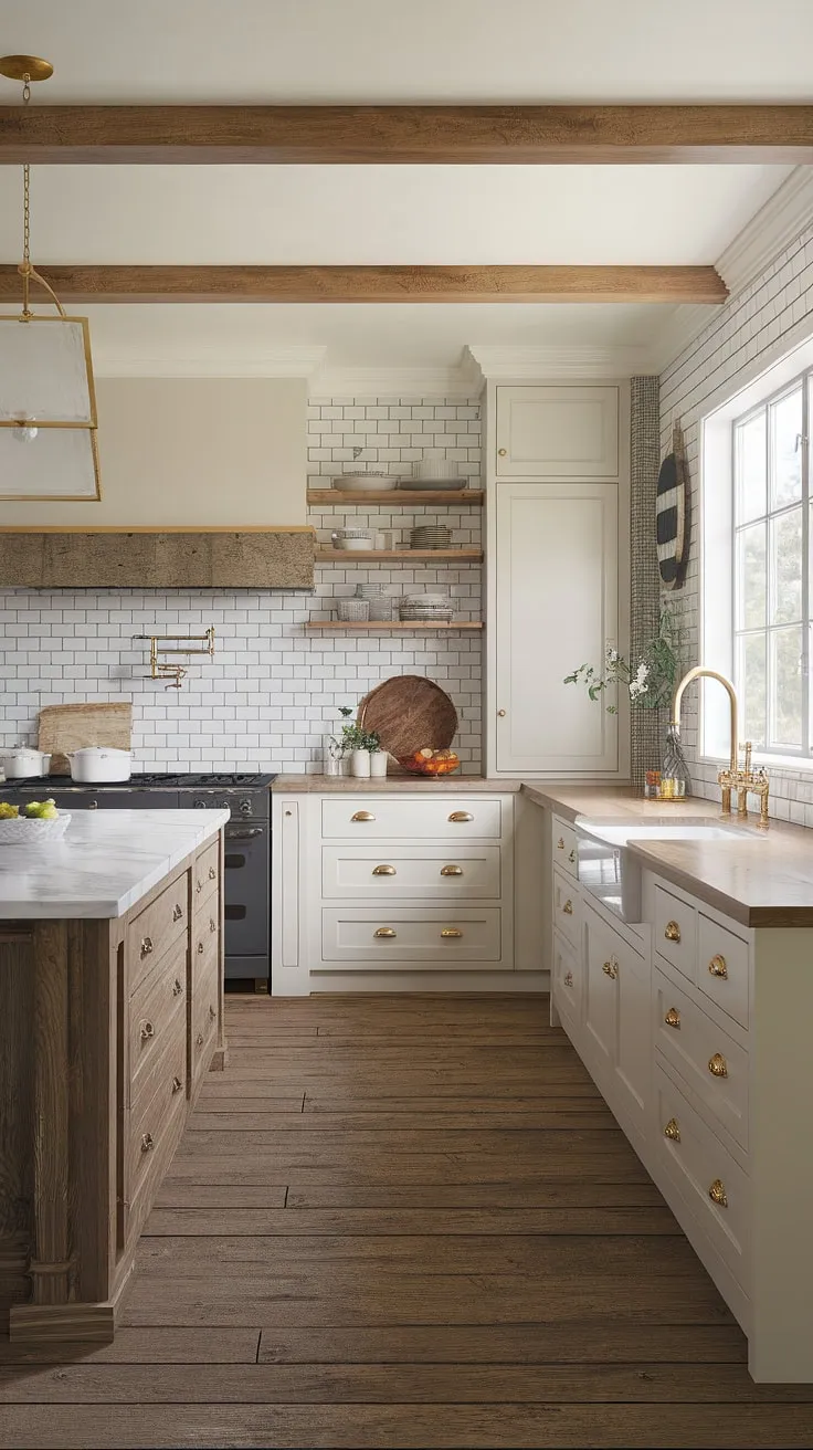 Where modern meets rustic charm. This kitchen seamlessly blends clean lines and a neutral palette with warm wood tones and elegant gold accents, creating a timeless space that feels both inviting and sophisticated. The farmhouse sink adds a touch of country character, while the marble island and subway tile backsplash elevate the design to a whole new level.