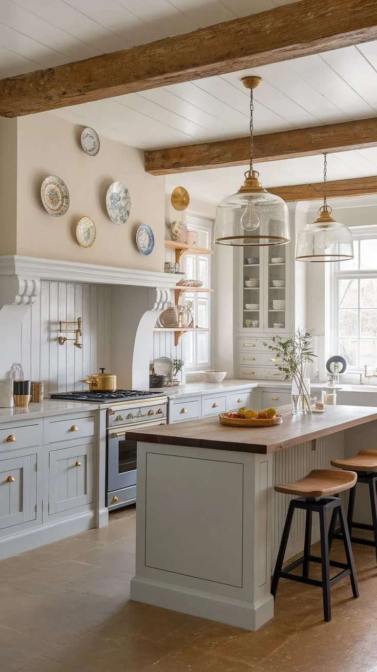 Where modern meets rustic charm. This kitchen's neutral palette, accented with gold hardware and warm wood countertops, creates a space that's both sophisticated and inviting. The exposed beams add a touch of country character, while the ample natural light brightens every corner. A perfect blend of style and functionality.