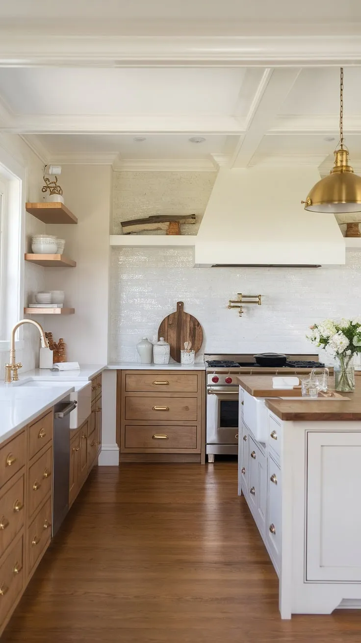 Warmth and sophistication blend seamlessly in this modern farmhouse kitchen. The classic lines of the wooden cabinetry, contrasted by the crisp white island and gleaming gold accents, create a space that's both inviting and elegant. A testament to timeless design.