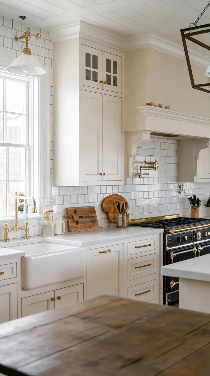 Where classic country charm meets modern sophistication. This kitchen's timeless design, featuring a farmhouse sink and a stunning wooden island, is elevated by sleek white cabinetry, gold accents, and a statement black stove. The neutral palette creates a sense of calm and airy spaciousness, perfect for everyday living and elegant entertaining.