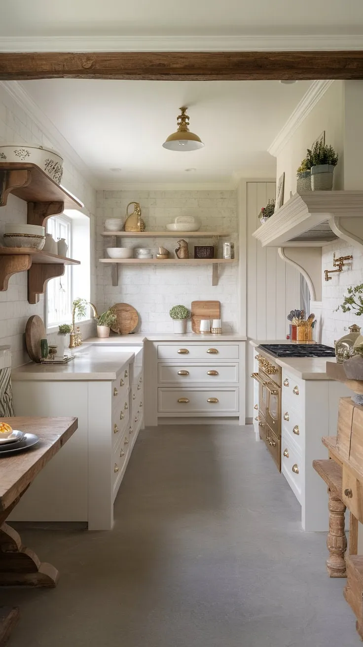 Sunlight streams into this beautifully appointed kitchen, highlighting the perfect harmony between modern amenities and a cherished country aesthetic. White cabinets, beige countertops, and gray flooring provide a serene backdrop for the rustic wooden accents and elegant gold hardware. A truly stunning space.