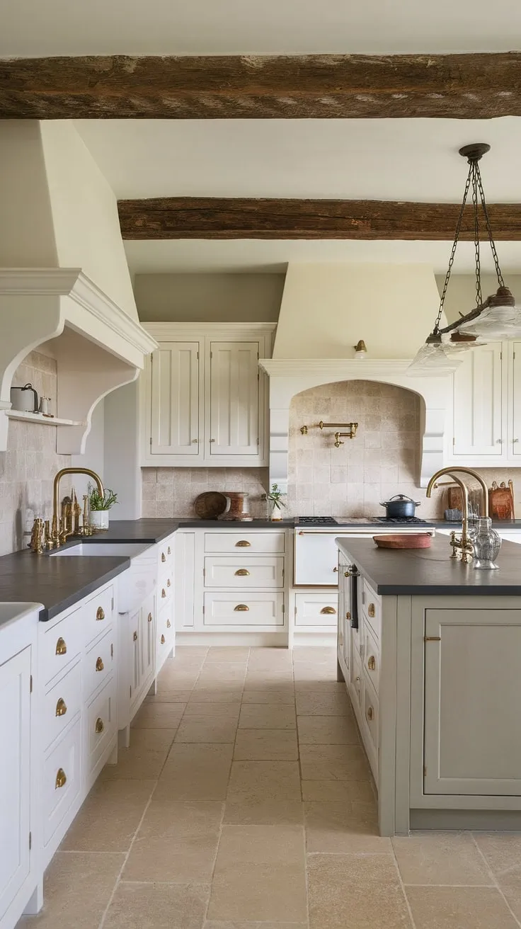 Where modern meets rustic charm. This kitchen seamlessly blends clean lines and a neutral palette with the warmth of exposed beams and vintage details, creating a space that's both stylish and inviting. The large island, complete with a striking gold faucet, is the perfect centerpiece for culinary gatherings.