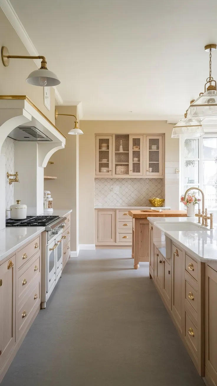 Warmth and style blend seamlessly in this modern farmhouse kitchen. The light wood cabinets, white countertops, and gold accents create a sophisticated yet inviting atmosphere, perfectly complemented by the vintage oven and farmhouse sink. A testament to classic modern design.