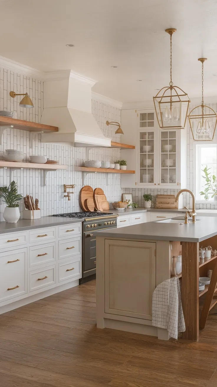 This modern farmhouse kitchen seamlessly blends classic charm with contemporary style. The neutral palette, punctuated by warm wood tones and elegant gold accents, creates a space that is both inviting and sophisticated. A perfect example of timeless design.
