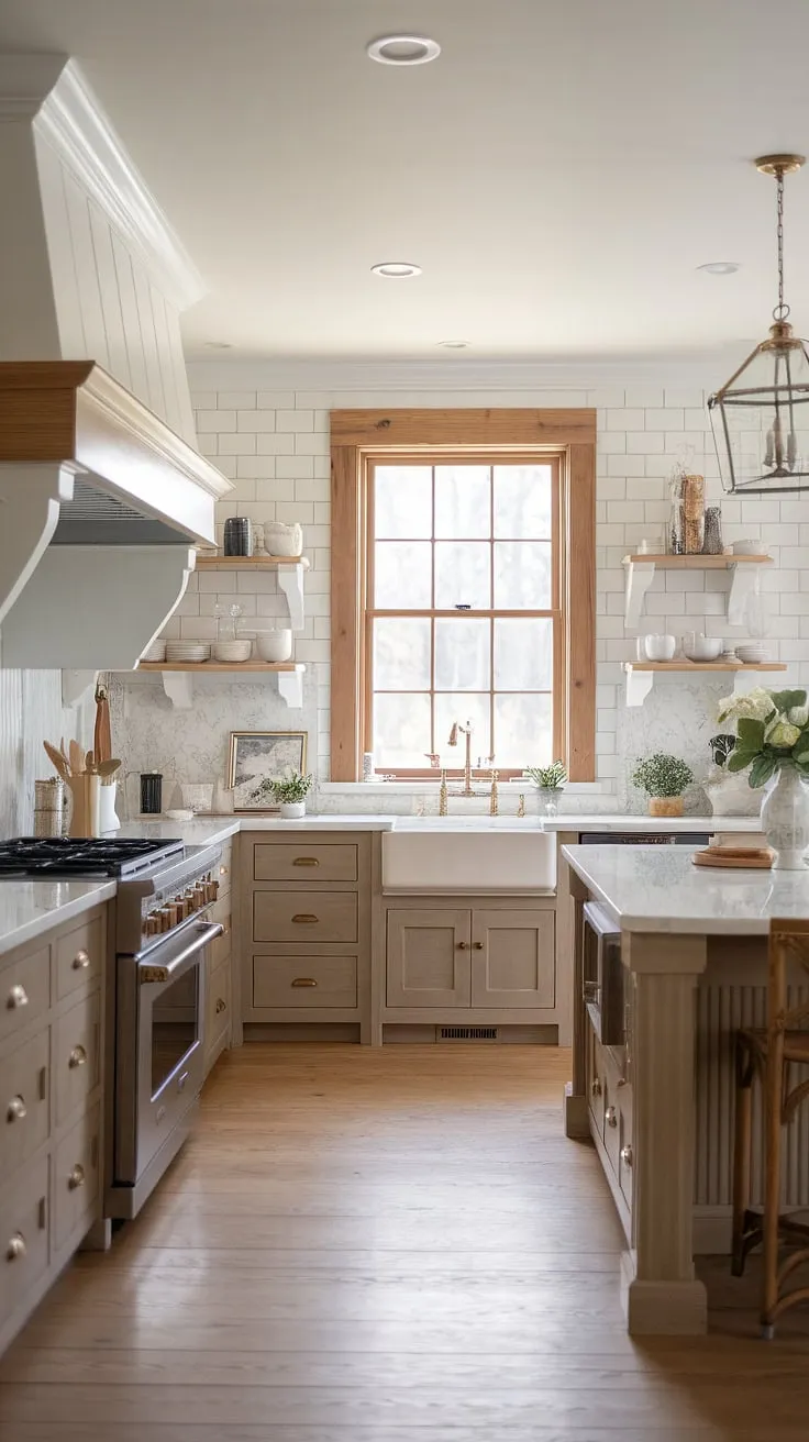 Where modern meets rustic charm. This kitchen's timeless design seamlessly blends a neutral palette of whites, grays, and warm woods, creating a space that's both elegant and inviting. The gold accents add a touch of luxury, while the large window bathes the room in natural light, highlighting the beautiful craftsmanship. A perfect blend of country aesthetic and contemporary style.