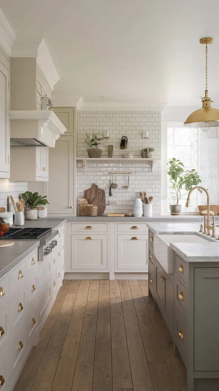 Where modern meets farmhouse charm. The neutral palette, grey countertops, and gold accents create a timeless kitchen design that feels both elegant and effortlessly inviting. A perfect blend of country aesthetic and sophisticated style.