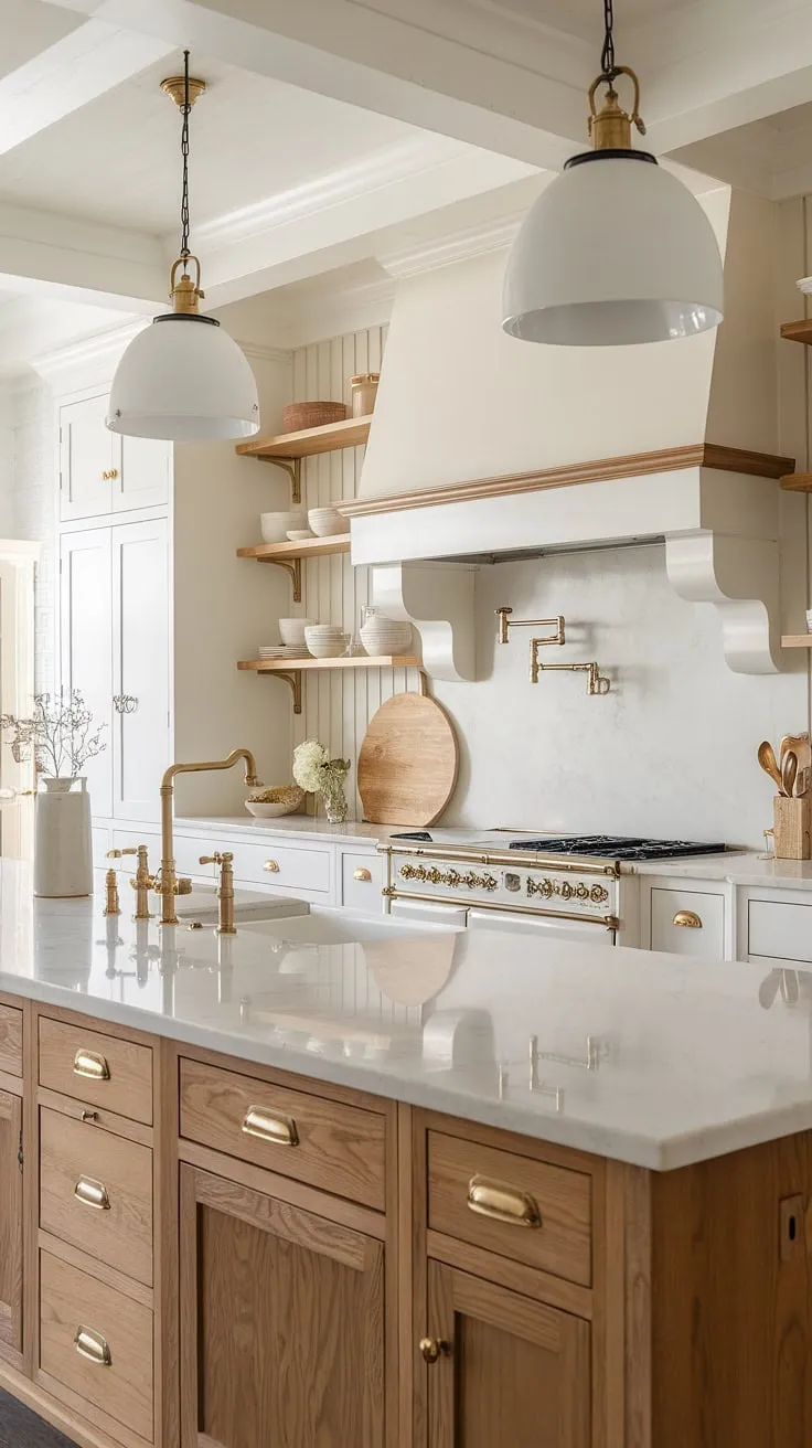 This modern farmhouse kitchen seamlessly blends classic charm with contemporary elegance. The warm wood tones, crisp white cabinetry, and gleaming brass accents create a timeless space that feels both inviting and sophisticated. A perfect example of understated luxury.
