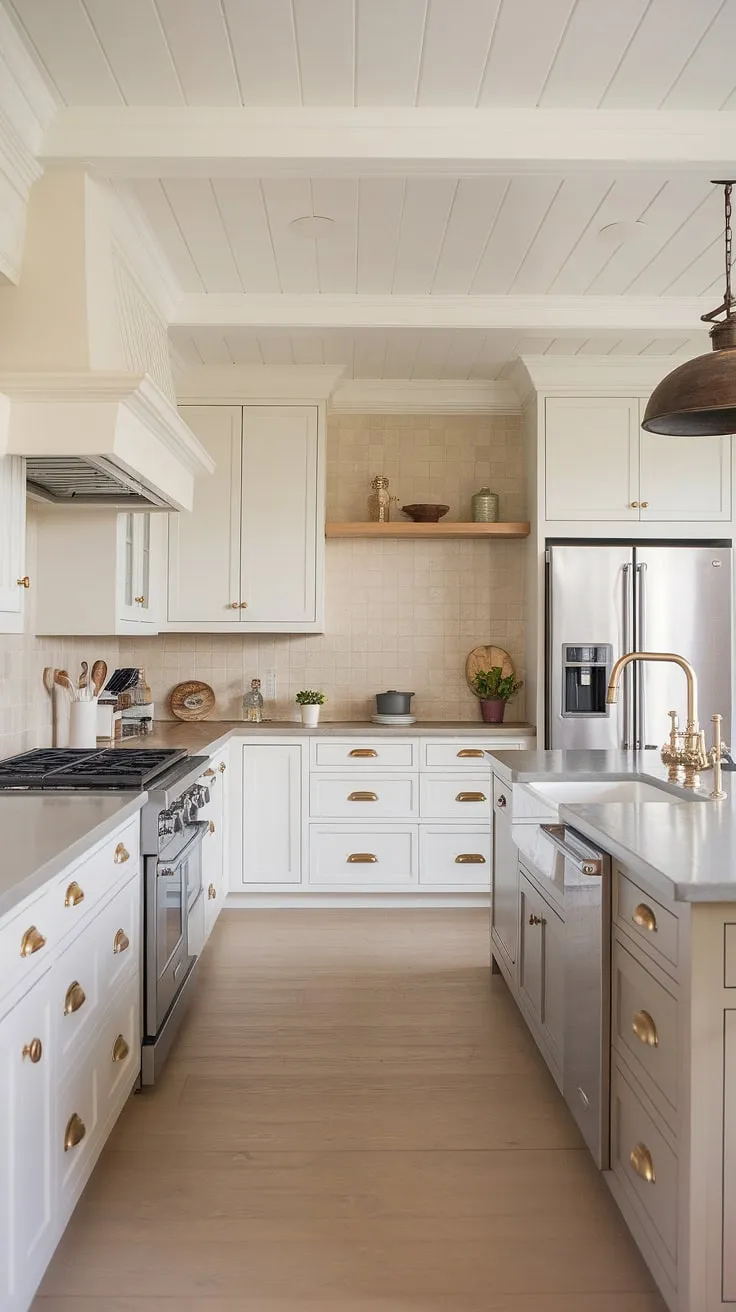 This modern farmhouse kitchen effortlessly blends classic elements with contemporary style. The neutral palette, punctuated by pops of color and a gleaming gold faucet, creates a timeless and inviting space. A perfect example of how to achieve a sophisticated yet comfortable kitchen design.