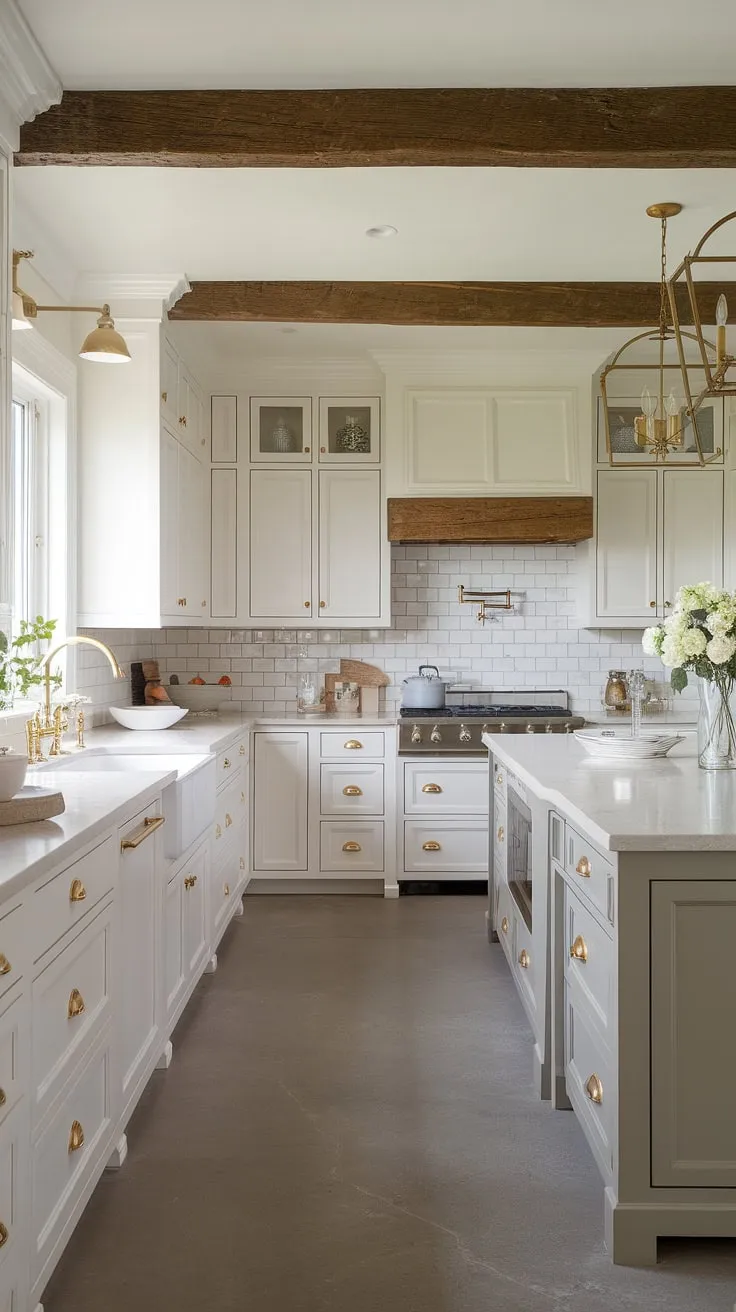 Where modern meets rustic charm. The clean lines of shaker cabinets and sleek gold accents blend seamlessly with the warmth of exposed wooden beams and a classic farmhouse sink, creating a timeless kitchen that feels both elegant and inviting. A