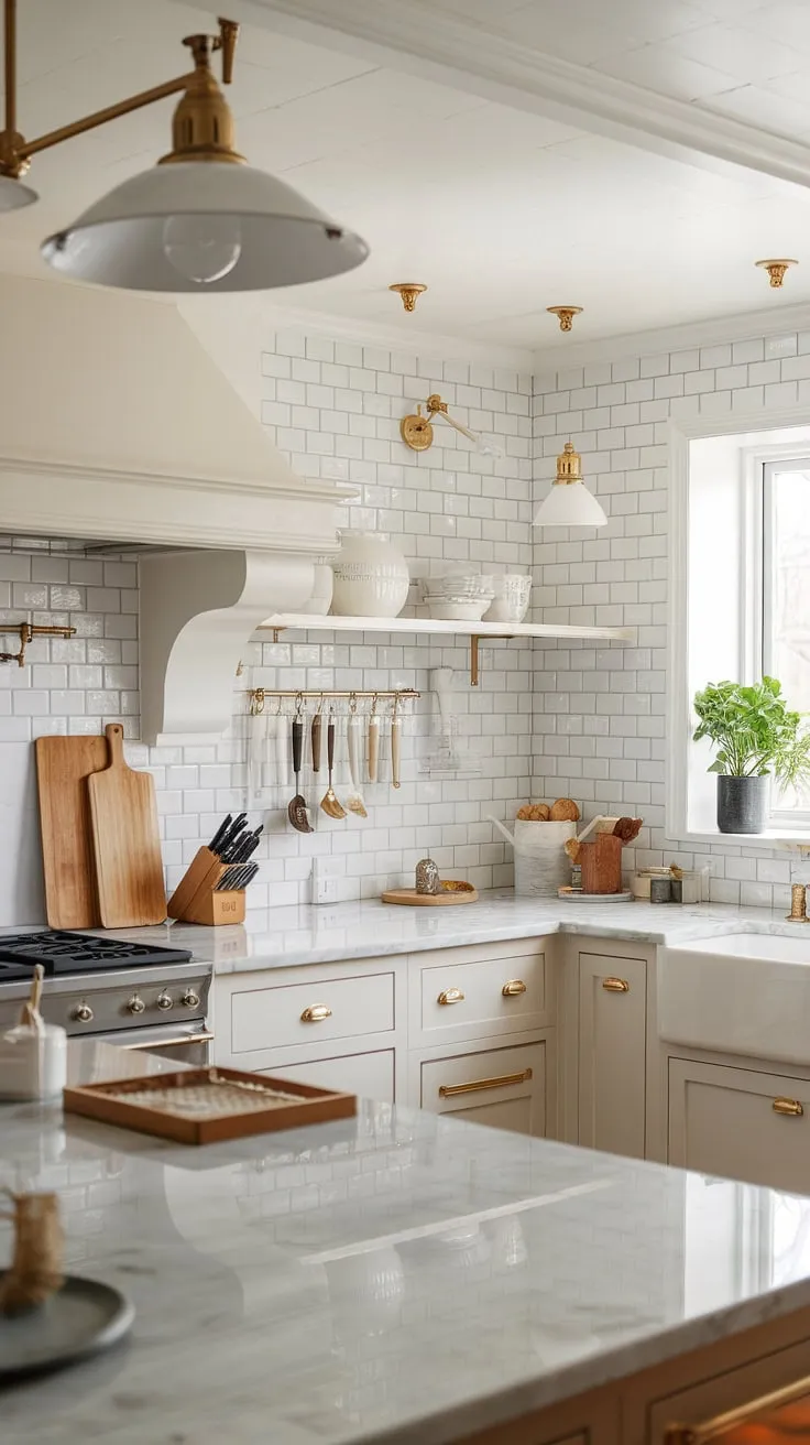 This modern farmhouse kitchen seamlessly blends classic and contemporary elements. The neutral palette of white, gray, and warm wood tones is elevated by subtle gold accents, creating a space that's both sophisticated and inviting. The marble countertops and white subway tile backsplash add a touch of timeless elegance.