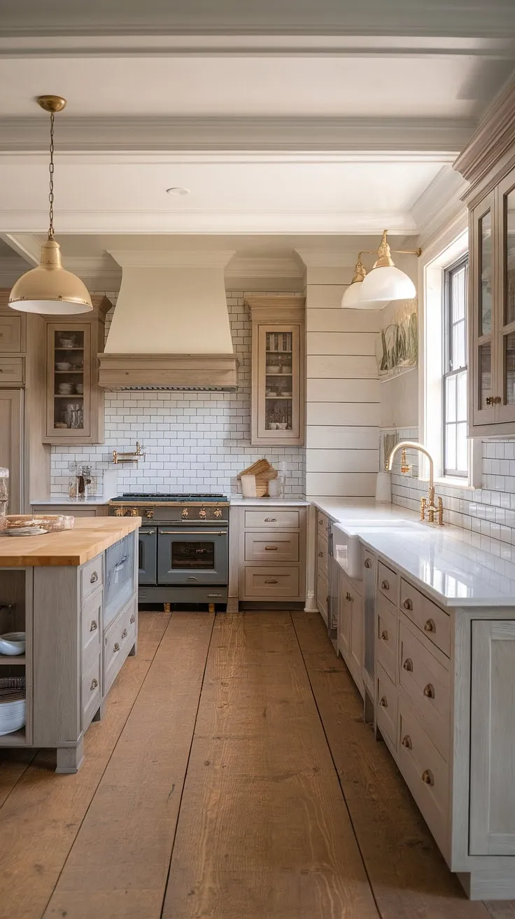 This kitchen is the epitome of modern farmhouse living. The shiplap walls, wide plank oak floors, and a farmhouse sink near the window create a cozy atmosphere, while the sleek cabinetry and quartz countertops maintain a sophisticated feel. A space where rustic charm meets refined design.