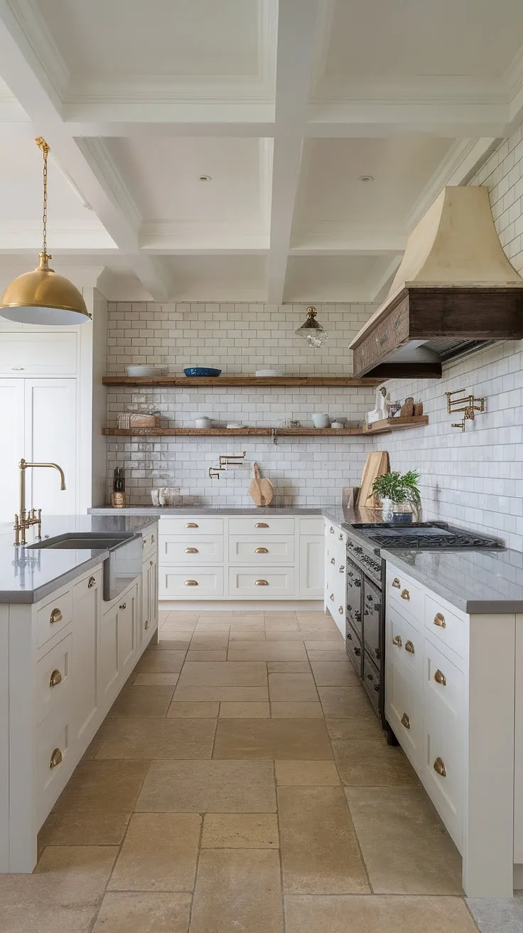 A sophisticated take on the farmhouse aesthetic, this kitchen effortlessly combines modern luxury with country charm. The grey quartz countertops and beige subway tile backsplash provide a calming backdrop for the gold fixtures and vintage details. The blend of textures and finishes-from the sleek cabinetry to the rustic wood shelving-creates a space that's both beautiful and incredibly livable.