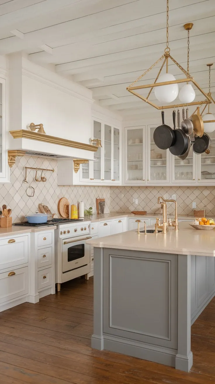 This kitchen exudes understated elegance with its soothing gray, white, and beige palette, accented by luxurious gold details.