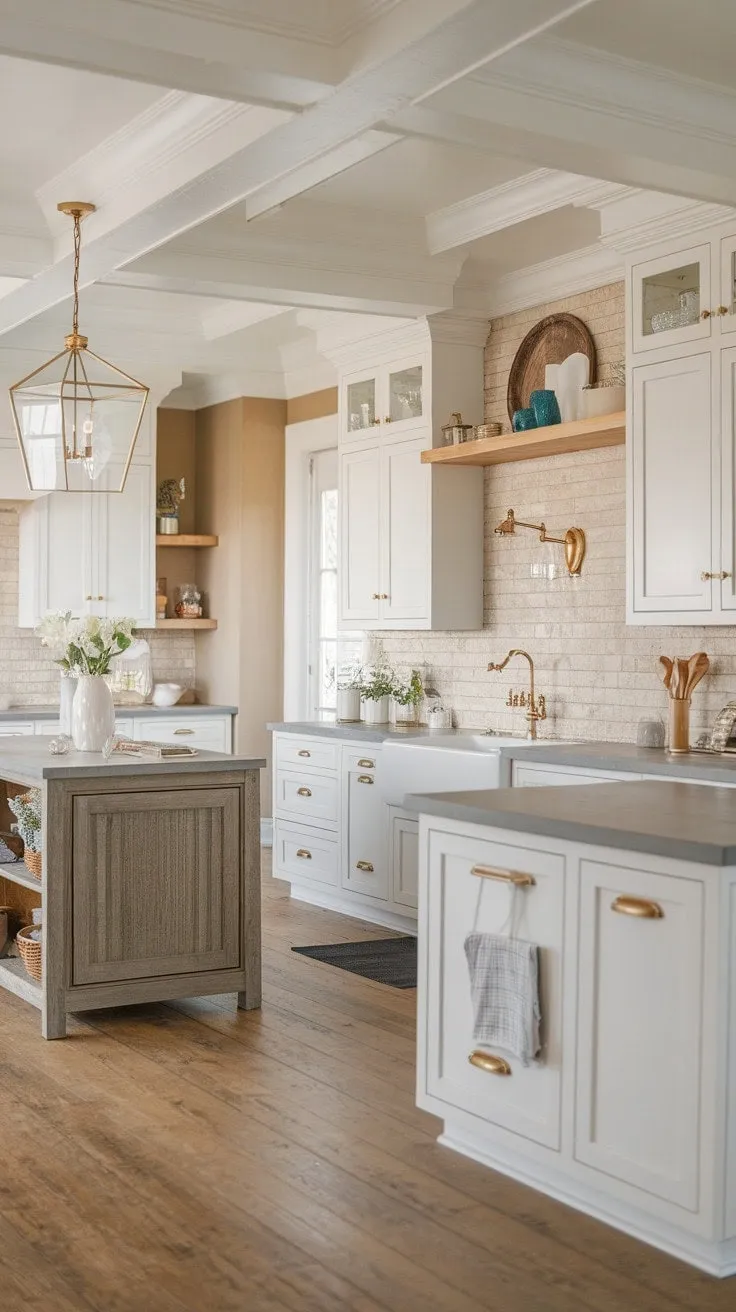 This kitchen masterfully fuses classic elegance with modern flair, featuring sleek lines, warm wood, and subtle gold accents for a stylish yet inviting atmosphere.