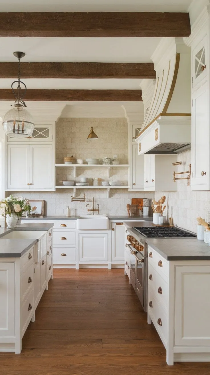 This kitchen masterfully fuses modern elegance with rustic warmth, featuring a neutral palette, warm wood beams, and classic elements for an inviting yet stylish atmosphere.