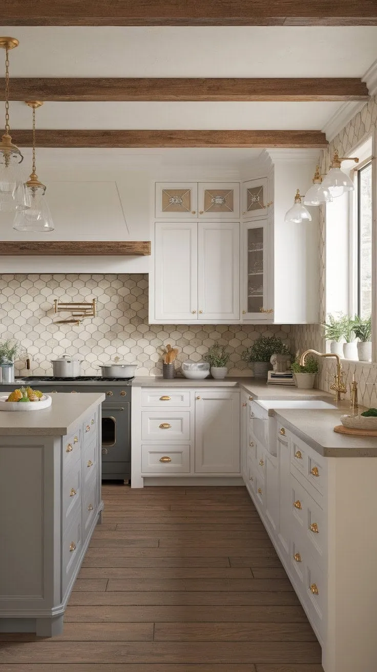 This stunning kitchen blends warmth and sophistication with a calming palette of gray, white, and beige, accented by gold hardware and wooden beams for a stylish yet functional space.