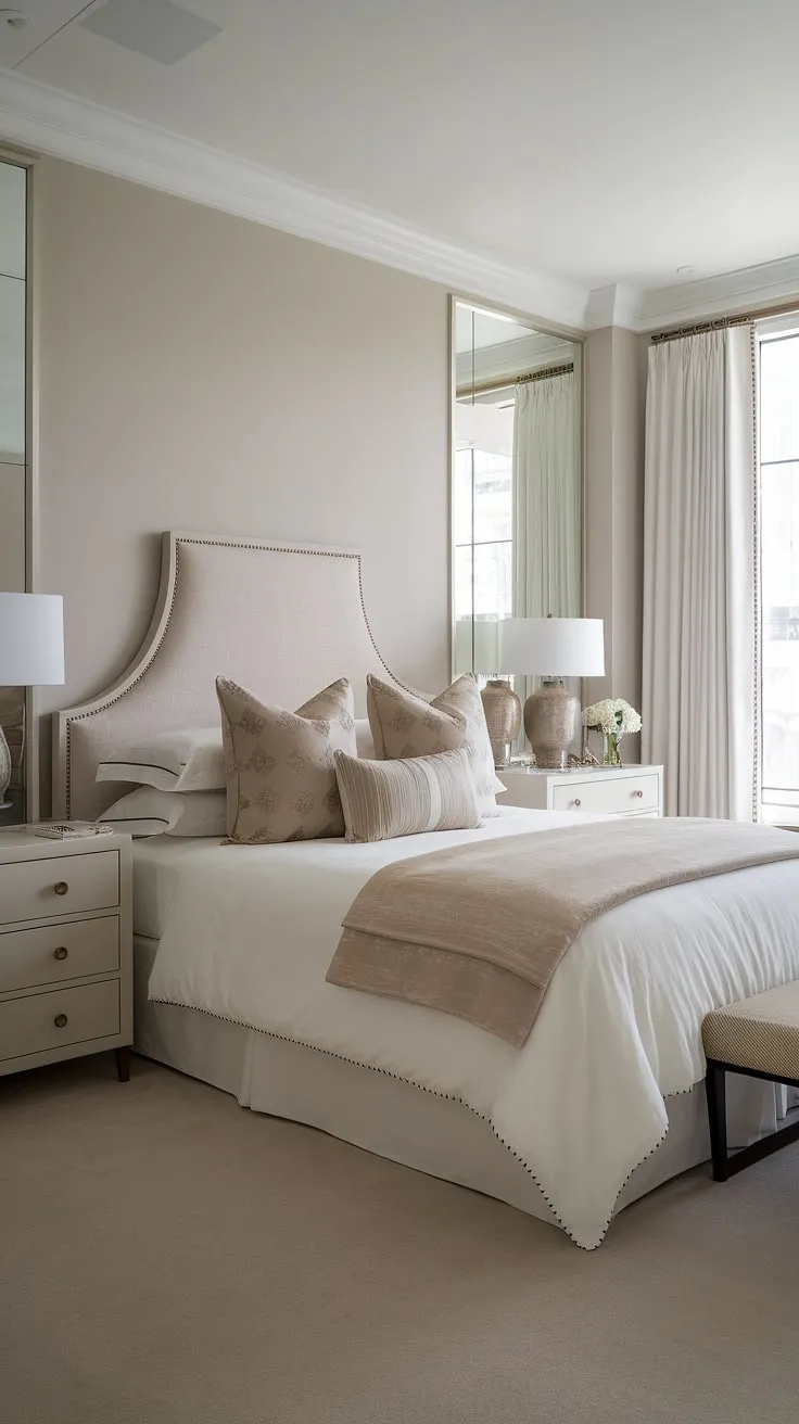 This modern transitional bedroom is the epitome of sophisticated simplicity. The carefully curated details, from the plush bedding to the subtle lighting, contribute to an atmosphere of refined calm and effortless chic. A haven of peace and quiet.