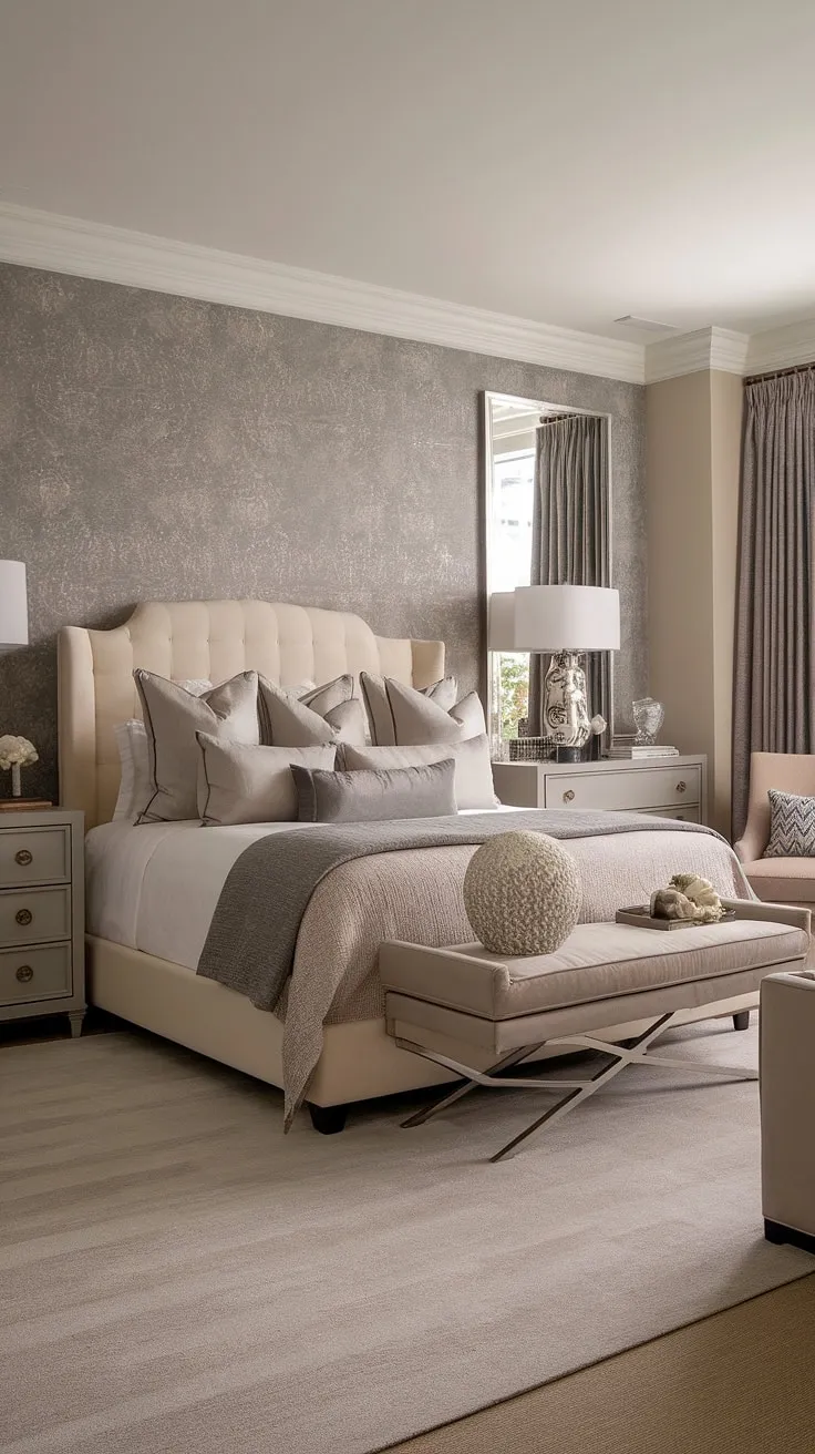 Indulge in the serene elegance of this modern transitional bedroom. The calming beige and grey palette, complemented by luxurious textures and subtle patterns, creates a sanctuary of sophisticated comfort. A perfect blend of style and tranquility awaits.