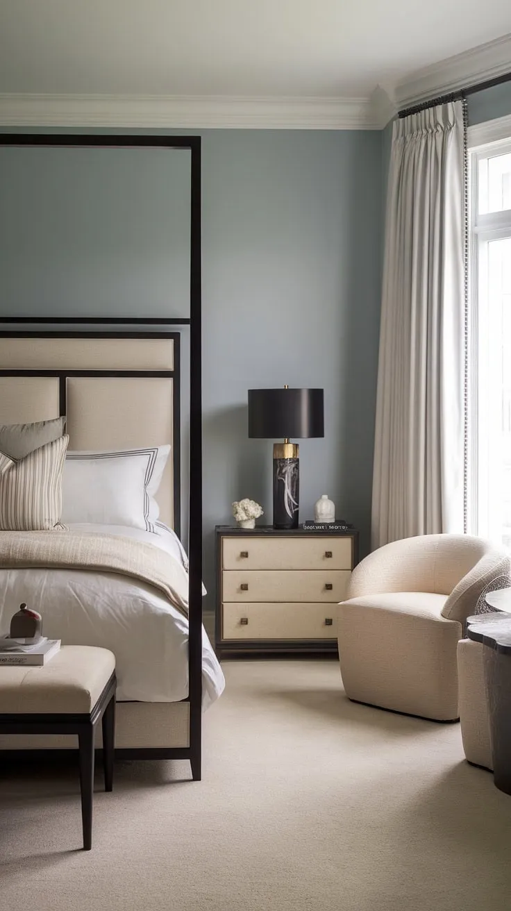 Indulge in the ultimate sleep experience. This exquisitely designed bedroom, with its king-size bed and calming color palette, offers a haven of tranquility. The thoughtful details, from the elegant chair to the chic black lamp, elevate this space to a true sanctuary.