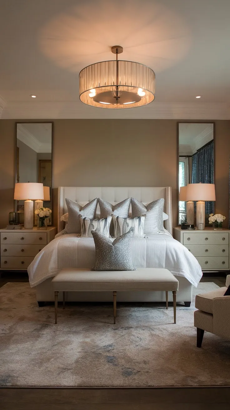 Escape to this exquisitely designed bedroom, a testament to modern transitional luxury. The warm, inviting atmosphere is perfectly complemented by the elegant lighting fixture above the bed, creating a space where relaxation is paramount. Every detail, from the plush rug to the carefully chosen furniture, contributes to A truly unforgettable sleep experience.