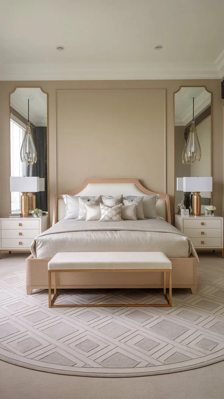 Indulge in the serene elegance of this modern transitional bedroom. The light wood bed frame, complemented by gold-accented nightstands and a geometric rug, creates a sophisticated sanctuary where comfort and style seamlessly blend. A perfect retreat for restful nights and luxurious mornings.