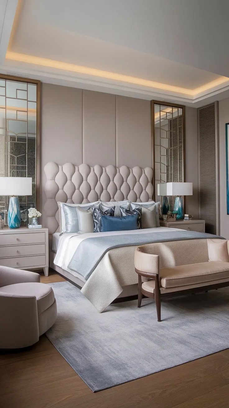 Serene sanctuary. The geometric headboard anchors this modern transitional bedroom, its neutral palette punctuated by calming blues, creating a space of sophisticated comfort and understated luxury. A perfect blend of style and tranquility.