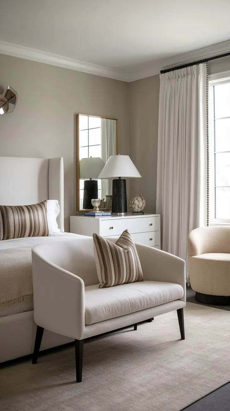 This modern transitional bedroom is the epitome of calm sophistication. The neutral color palette, complemented by the subtle textures of the rug and bedding, creates a peaceful sanctuary. The carefully chosen furniture pieces, from the elegant dresser to the comfortable chair, add a touch of luxury and functionality, making it the perfect retreat.