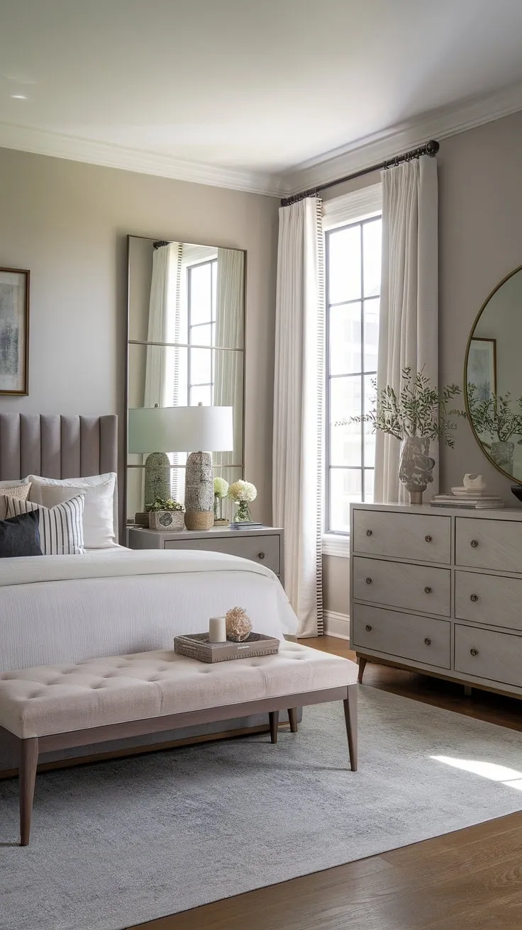 This chic bedroom is a masterclass in modern transitional style. The carefully curated pieces, from the elegant grey headboard to the perfectly placed accessories, create a space that is both stylish and incredibly inviting. A true testament to the power of understated luxury.