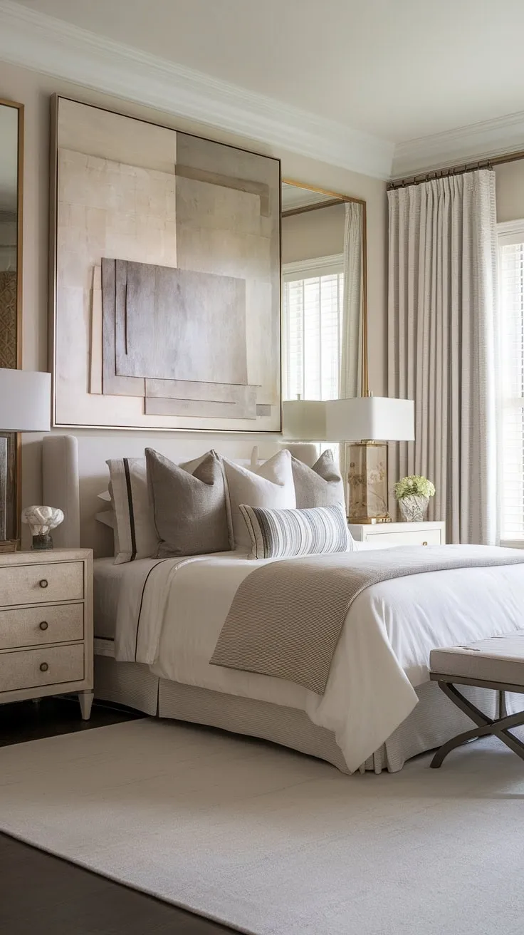 Serene sanctuary. This transitional bedroom's neutral palette and chic design create a haven of calm, perfectly complemented by the statement artwork and soft lighting. The result is a space that feels both luxurious and effortlessly inviting. A true testament to sophisticated simplicity.