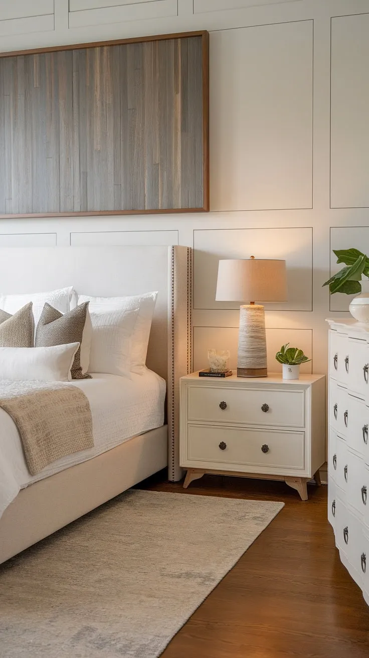 This modern transitional bedroom is a study in understated chic. The clean lines of the white furniture are beautifully balanced by the rich wood accent wall, creating a space that feels both luxurious and inviting. The soft beige rug adds warmth underfoot, completing this tranquil retreat.