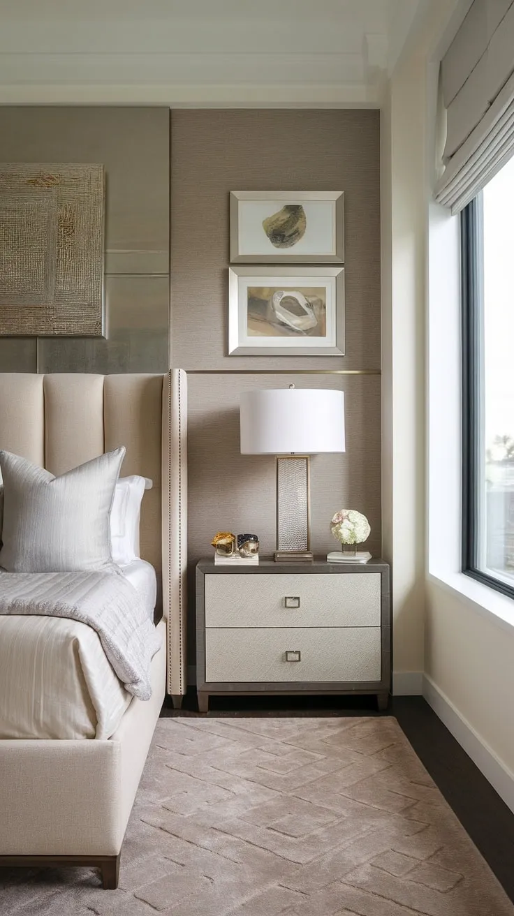 Serene sanctuary. The soft beige and gray palette, plush rug, and comfortable upholstered headboard create a haven of calm and sophistication. A perfect blend of modern and transitional design, this bedroom is a testament to understated elegance. The simple white curtains allow natural light to flood the space, enhancing the feeling of tranquility.