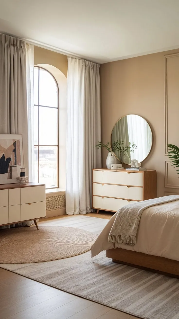 This modern transitional bedroom is the epitome of sophisticated comfort. The carefully curated details, from the plush bedding to the elegant dresser, create a space that is both stylish and inviting. A sanctuary designed for relaxation and peaceful slumber.