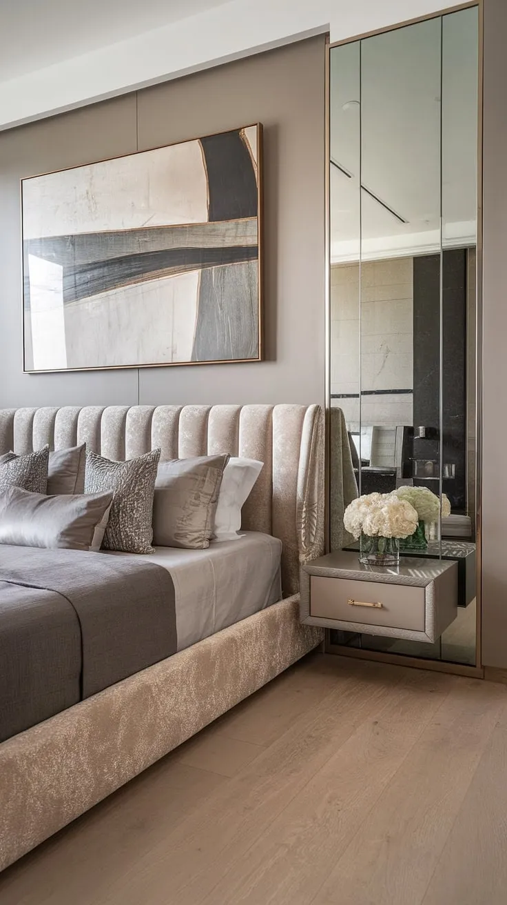 Wake up to effortless style in this modern transitional bedroom. The plush headboard, large mirror, and abstract artwork create a sophisticated sanctuary, perfect for unwinding after a long day. A touch of luxury, a sense of calm – this is where dreams are made.