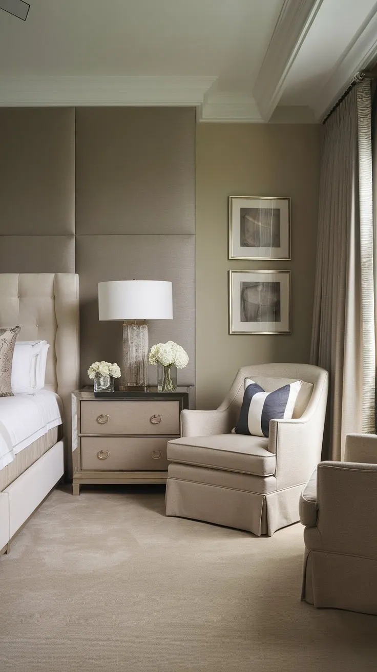 Indulge in the serene sanctuary of this modern transitional bedroom. The calming beige and gray palette, plush carpeting, and comfortable armchair create a haven of understated luxury, perfect for unwinding after a long day. A sense of tranquility pervades the space, promising restful nights and peaceful mornings.